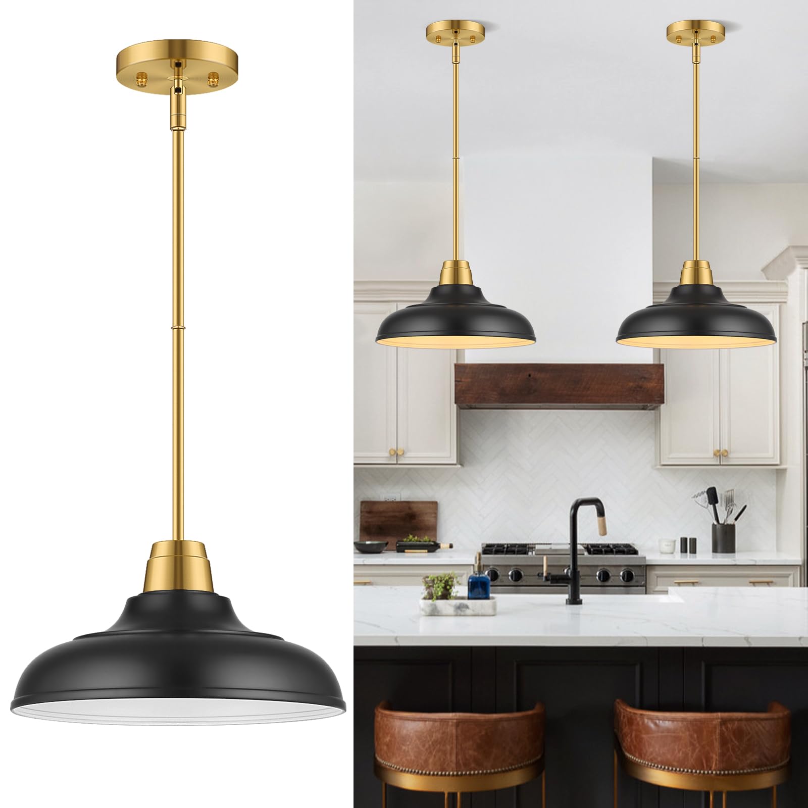 Photo 1 of QianZhan Black and Gold Pendant Light, 12" Matte Black Pendant Lights Fixtures Adjustable Rod Gold Modern Hanging Lighting,for Kitchen Island Dining Room Bar Restaurant Sink Entrance