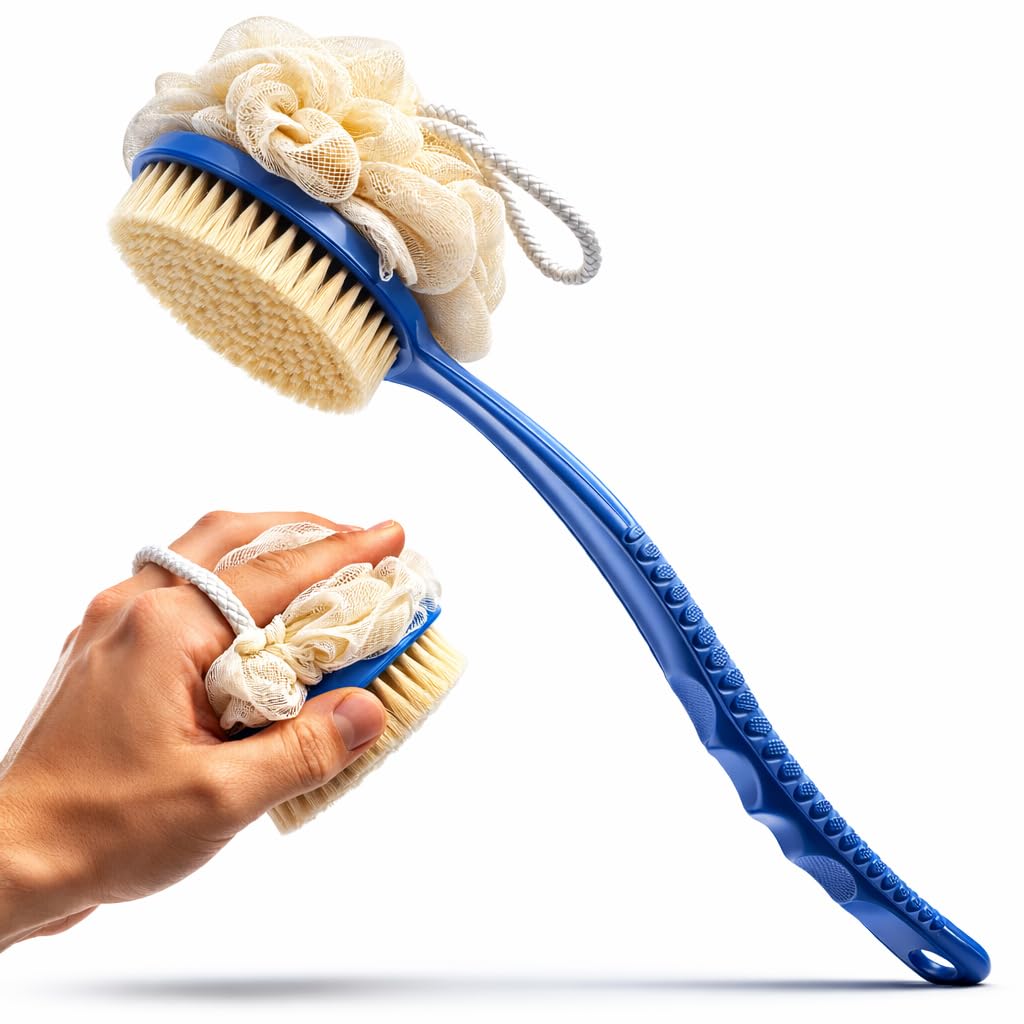 Spazzola Corpo Doccia con Manico Ergonomico Lungo kit 2 in 1, Spazzola e Spugna Corpo con Setole Morbide e Delicata sulla Pelle, Ideale per Schiena, Massaggio e Detersione