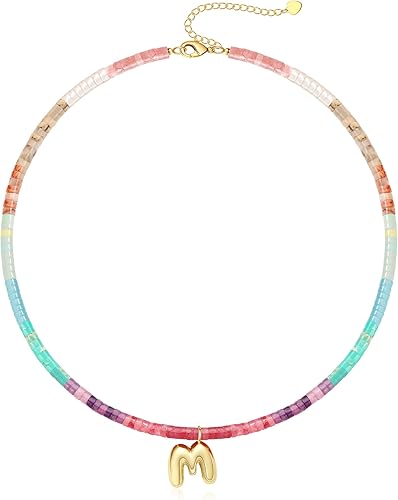 Beaded Initial Necklaces for Women Teen Girl Gifts Trendy Stuff Colorful Gemstone Choker Necklace with Bubble A-Z Stocking Stuffers for Teens Christmas Gifts for Her Birthday Summer Beach Jewelry for Daughter Sister Friend