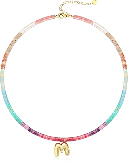 Beaded Initial Necklaces for Women Teen Girl Gifts Trendy Stuff Colorful Gemstone Choker Necklace with Bubble A-Z Stocking Stuffers for Teens Christmas Gifts for Her Birthday Summer Beach Jewelry for Daughter Sister Friend