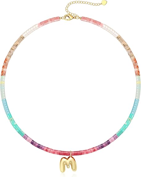 Beaded Initial Necklaces for Women Teen Girl Gifts Trendy Stuff Colorful Gemstone Choker Necklace with Bubble A-Z Stocking Stuffers for Teens Christmas Gifts for Her Birthday Summer Beach Jewelry for Daughter Sister Friend
