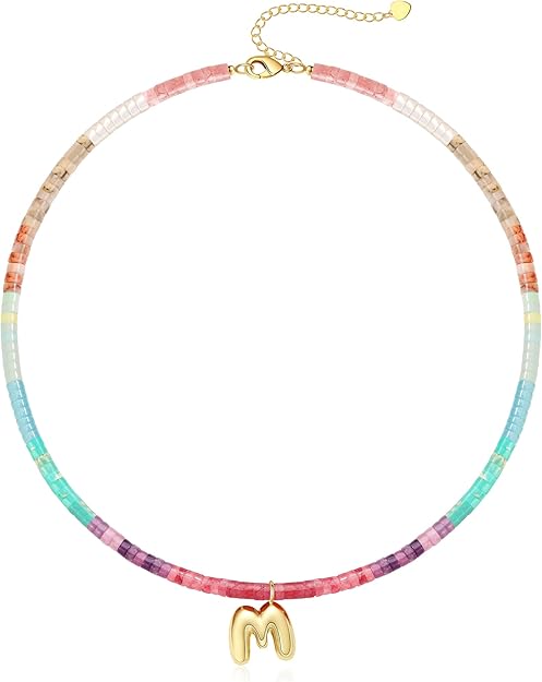 Beaded Initial Necklaces for Women Teen Girl Gifts Trendy Stuff Colorful Gemstone Choker Necklace with Bubble A-Z Stocking Stuffers for Teens Christmas Gifts for Her Birthday Summer Beach Jewelry for Daughter Sister Friend