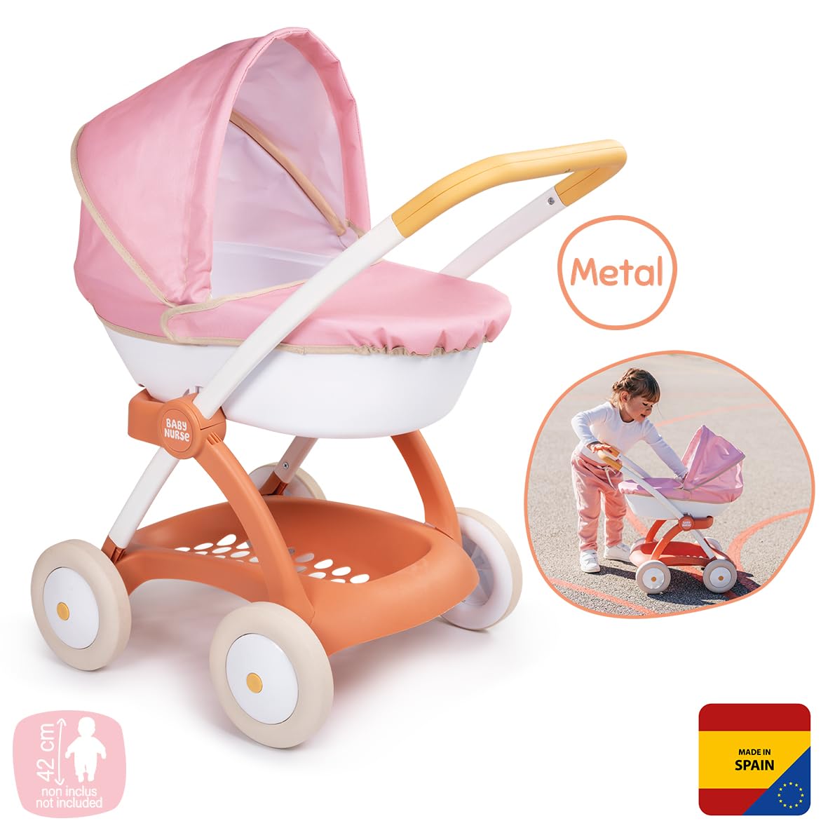 Smoby - Baby Nurse - Carrozzina - Per neonati e bambole fino a 42 cm - Capottina retrattile - Cestello portaoggetti - Dai 18 mesi - Prodotto in Spagna