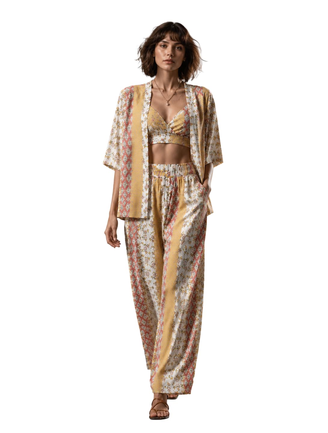 bold look Dress for Women 3 Piece Vacation Outfit – Boho Print Bralette Crop Top with Open Front Kimono and Palazzo Pants, Resort Wear Co ord Set for Beach Holiday Travel-picture-53