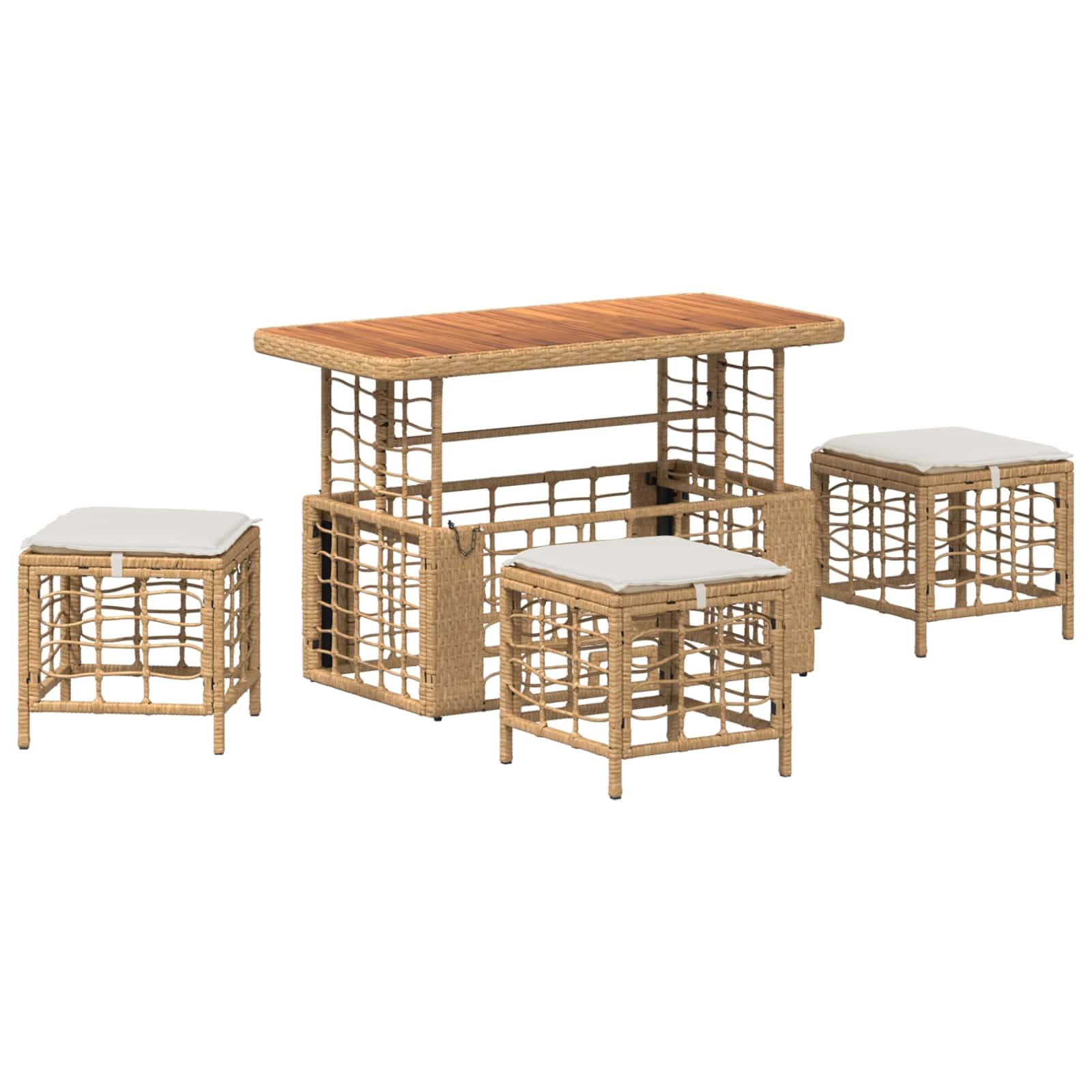 Juego de comedor de jardín con mesa regulable en altura (4 piezas) | Moderno juego de balcón de madera de acacia engrasada y polirratán para terraza y jardín, incluye cómodos cojines de asiento.