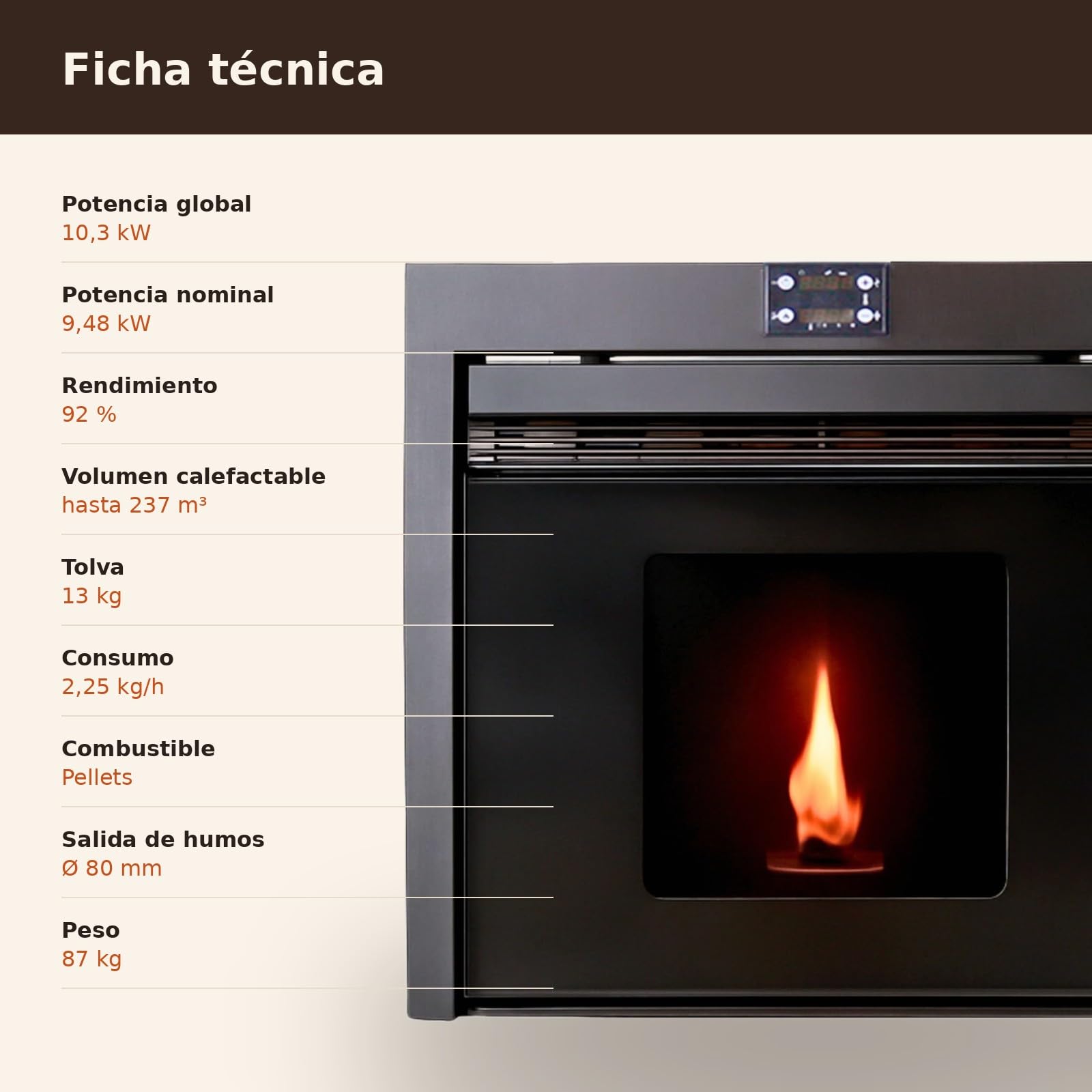 EIDER BIOMASA Insertable de Pellets Insert CANADÁ 11 – 10,3 kW – Rendimiento 92% – hasta 237 m³ – Tolva 13 kg – Programable WiFi – Clase A+