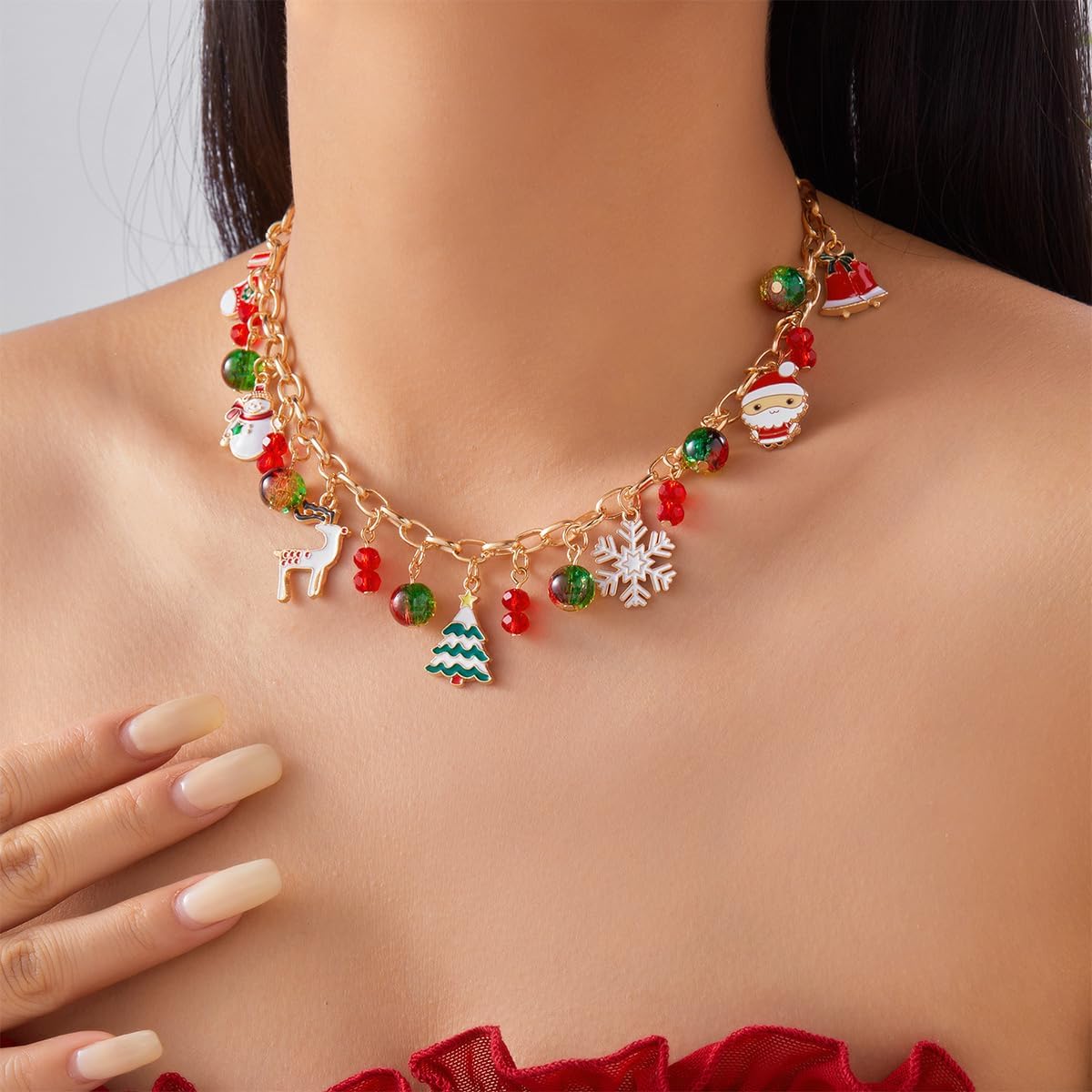 Colorful Christmas Charm Necklace for Women Colorful Jingle Bell Deer Santa Claus Christmas Tree Pendant Necklace Cute Holiday Party Jewelry - Image 3