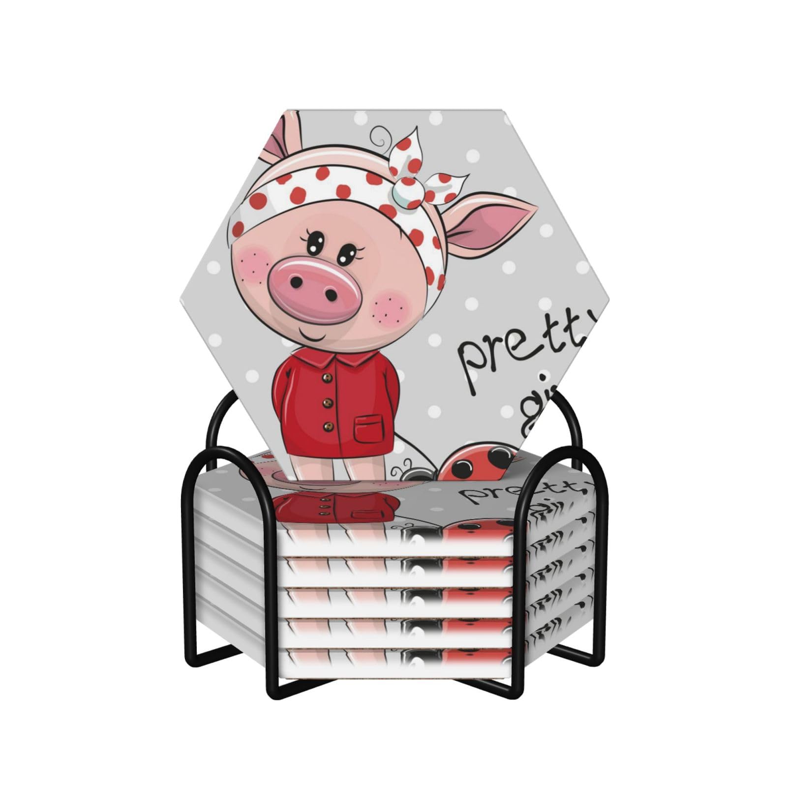 Keramikuntersetzer mit rosa Schweine-Druck, stilvolles Küchen- und Heimdekor-Zubehör, 6 Stück