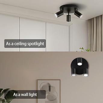 CHENBEN Ceiling Light with 3 Rotatable GU10 Spots, Black Indoor LED Ceiling Spotlights, Round Base, Swivel, LED Ceiling Light for Corridors/Dining Rooms, Without Bulb, Max 25W [Energy Class F]