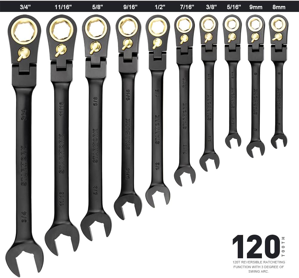STARWORK TRUE MECHANIC™ 20 Pc. 120-Tooth Flex-Head Reversible Ratcheting Wrench Set, Combination Ratchet Wrench Set, Anti-Slip, Long Pattern, 6-Point, Professional, SAE/Metric