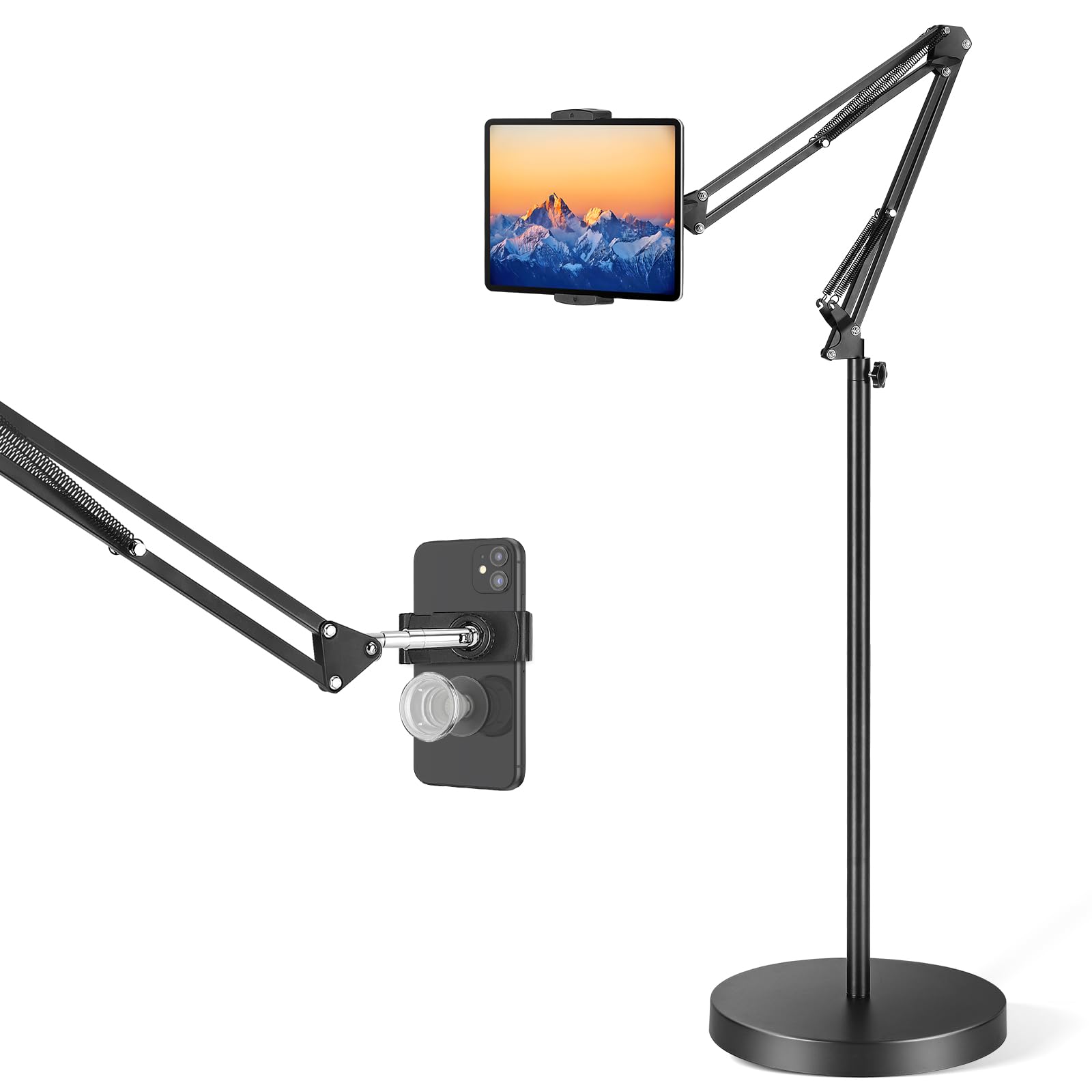 Tablet Floor Stand with 12lb Base - Adjustable Height Heat-Resistant Anti-Scratch Stretchable Swivel Holder, Compatible with iPhone iPad Pro Air Mini,