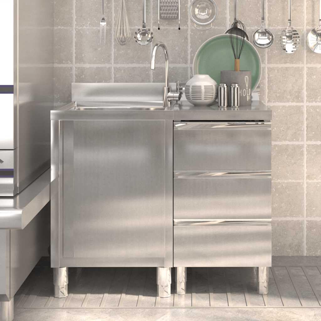 2 unidades de armarios de cocina comerciales de acero inoxidable para gastronomía, restaurante, cocina, comercio, catering, con cantos, patas ajustables, 3 cajones y fregadero para