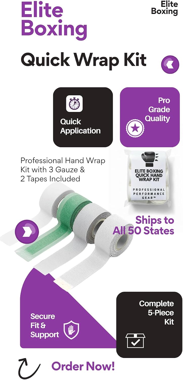 Elite Boxing Quick Handwrap Kit for Boxing, MMA, Kickboxing, White Cotton Tape and Gauze, 5 Pieces, 5.8 Ounces