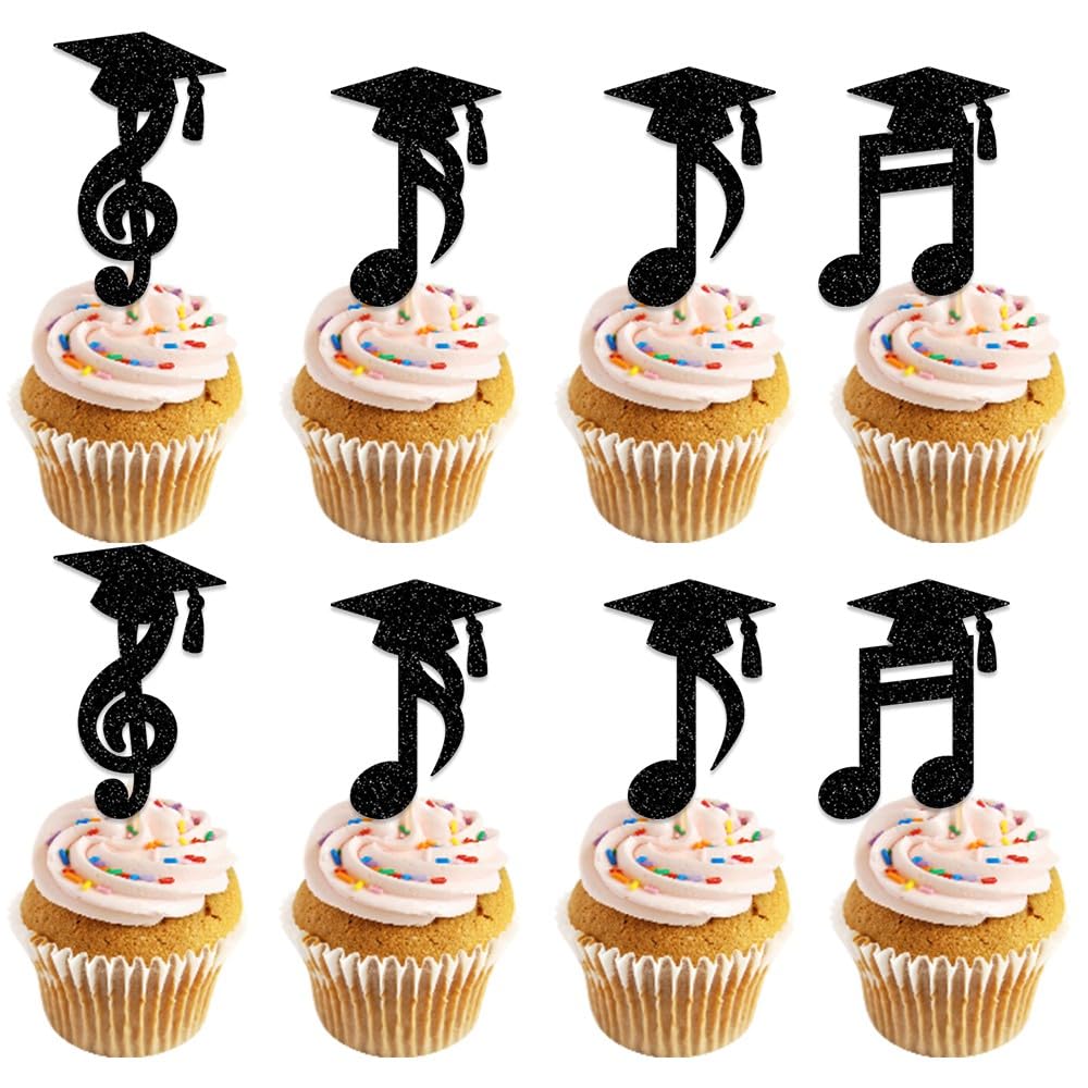 Conservatory of Music Graduation Cupcake Toppers, 24pcs Glitter Musical Note Design With Graduate Cap Cupcake Decorations, for Graduation Party Supplies, Cake Decor Party Favors, Cake Accessories