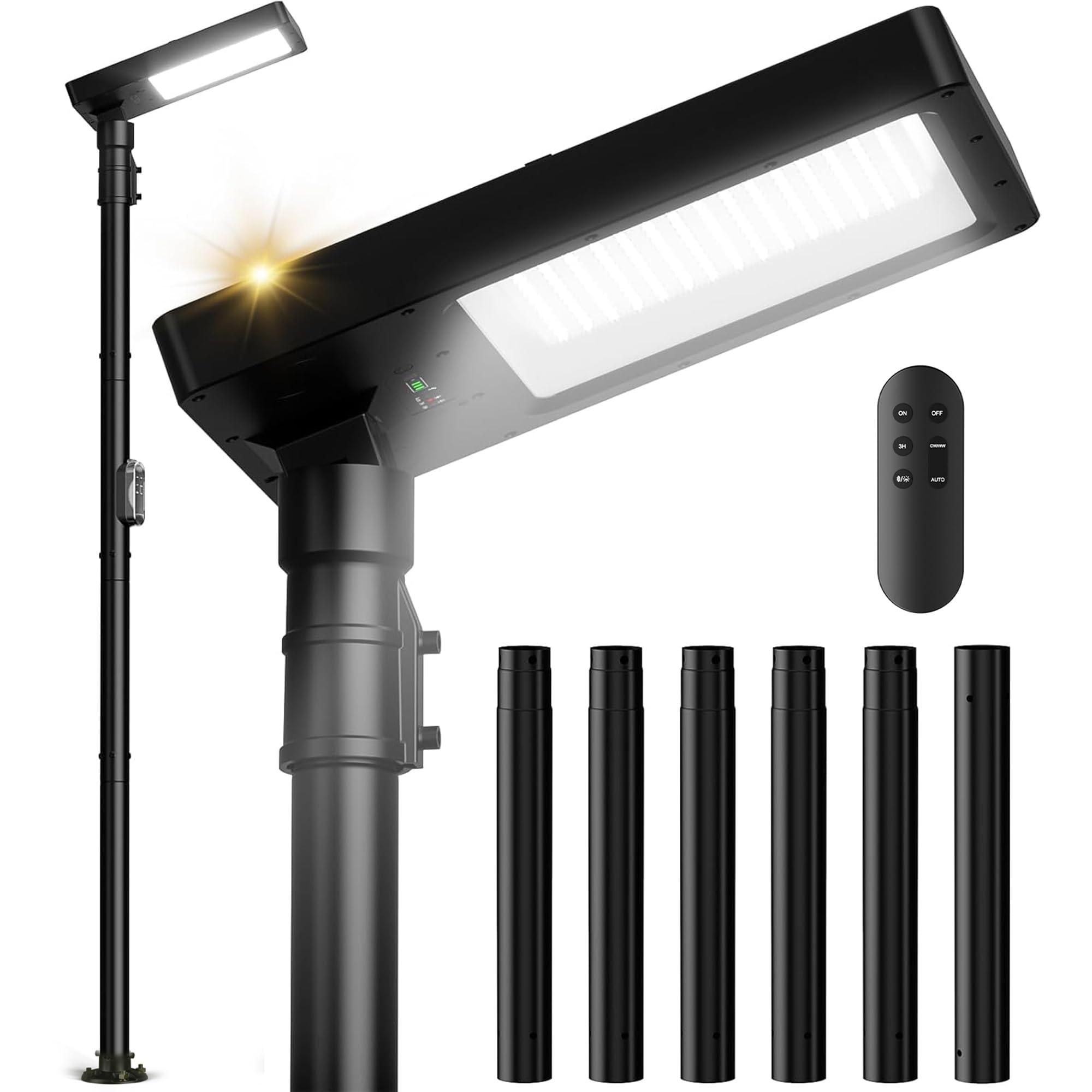 Photo 1 of Mowizip 100" Solar Lamp Post Lights with Pole & Remote, Outdoor IP65 Waterproof 420 LEDs Solar Street Lights, Black Metal Flood Solar Motion Pathway Lights for Yard, Garden, Patio, Lawn, Garage