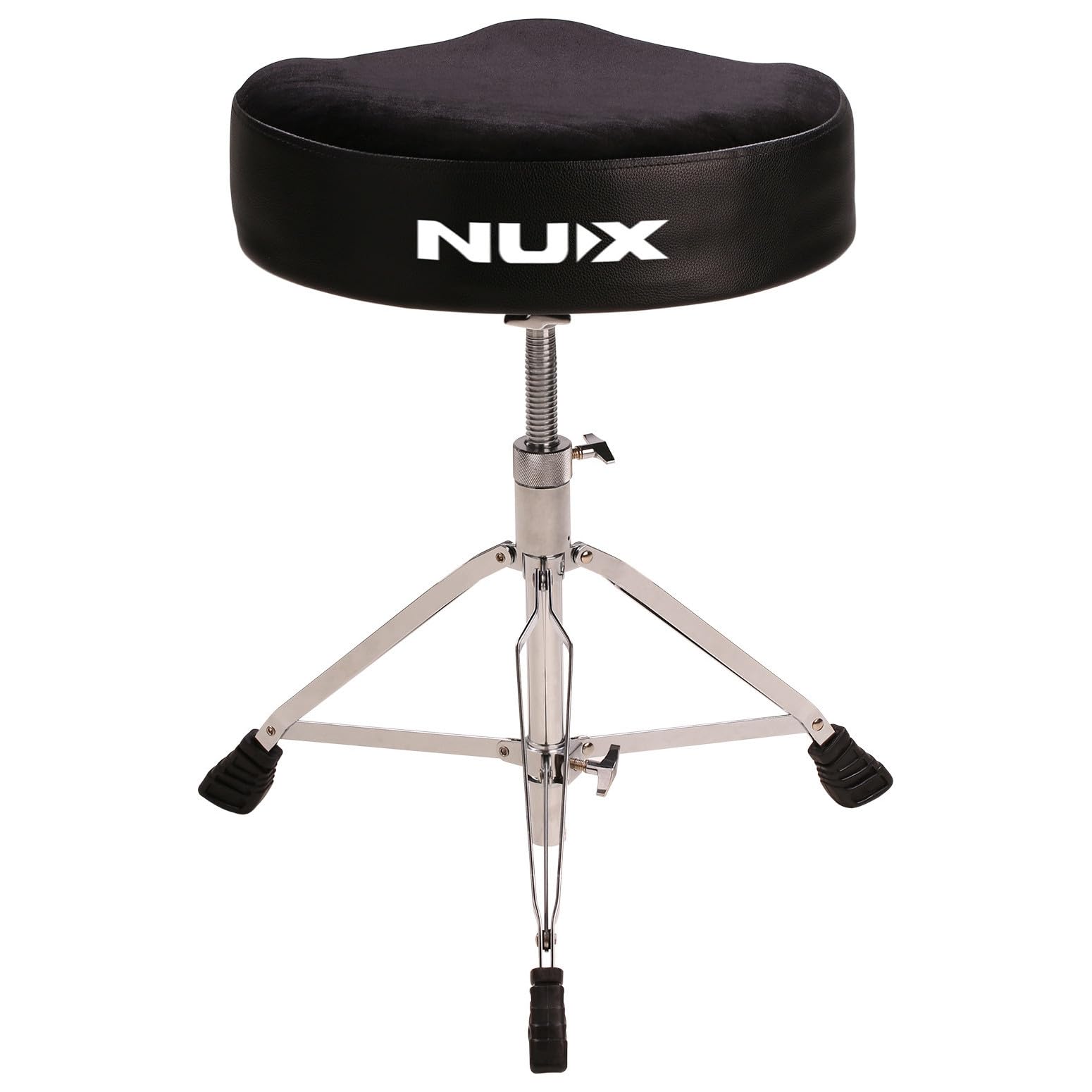 NUX | Trono de Tambor Estilo sillín | Asiento ampliado de Altura Ajustable 490-600 mm | Cojín denso Suave | Base de trípode Plegable de Doble Refuerzo | Taburete de Tambor Resistente, Antideslizante