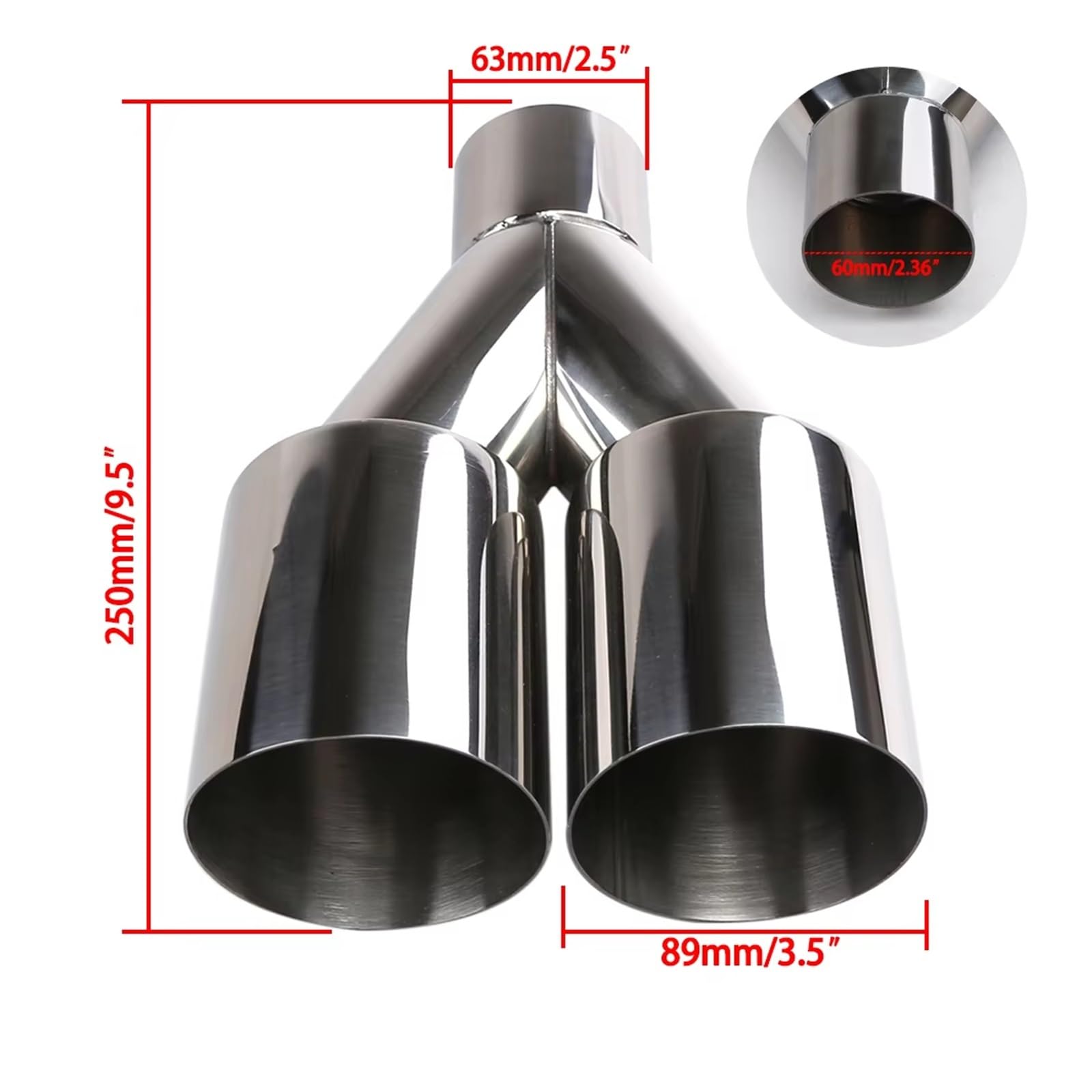 NiSza Coche Cola de Escape Silenciador de Acero Inoxidable para Coche con Punta Y silenciadores Tubo Escape Doble Salida Universal se Adapta Tubos un diámetro 63mm