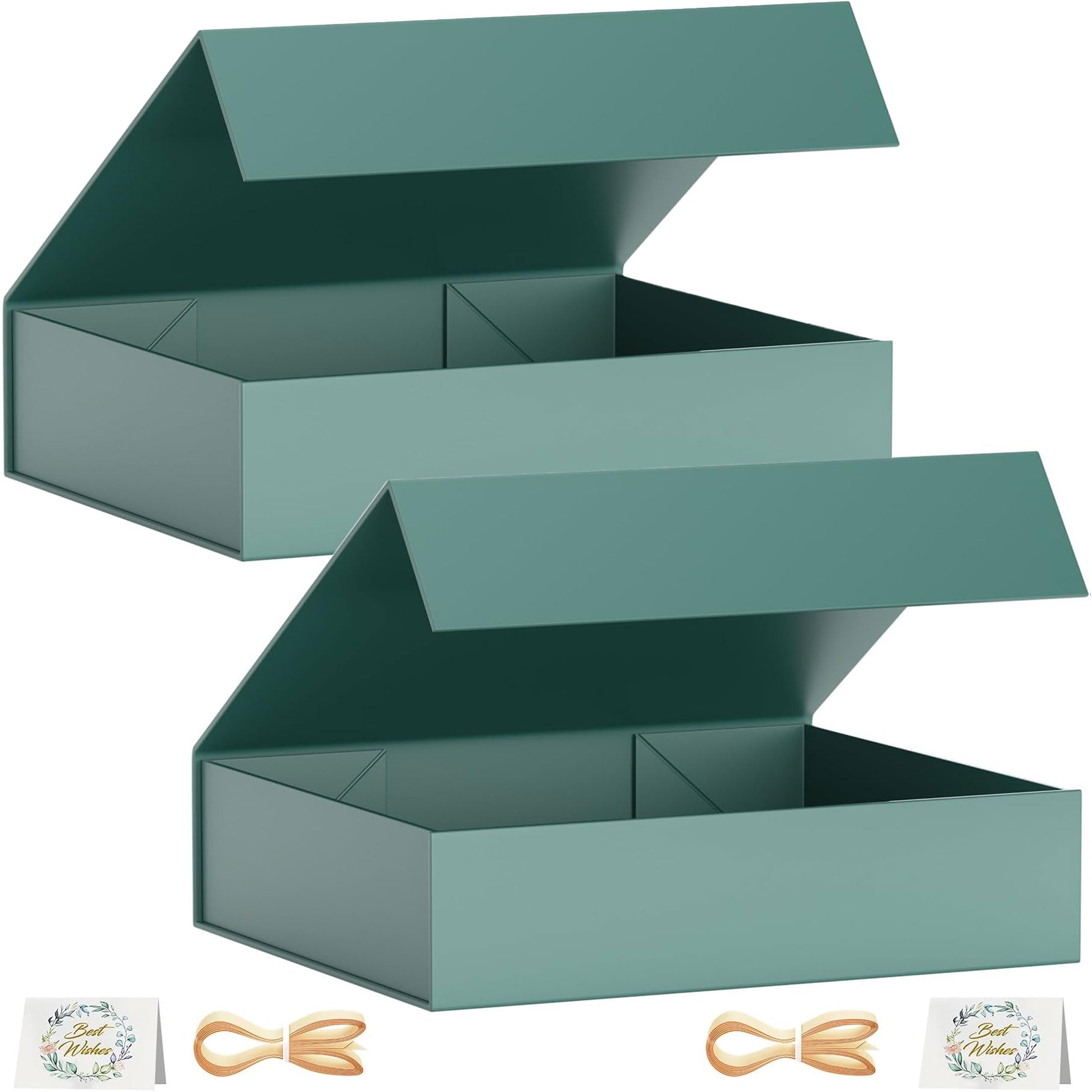 Pack of 2 Gift Boxes, 30 x 20 x 7.6 cm Gift Boxes for Presents with Lids Magnetic Closure Rectangle Collapsible for Groomsman Proposal Box, Christmas, Halloween, Birthday Gift Packging (Green)