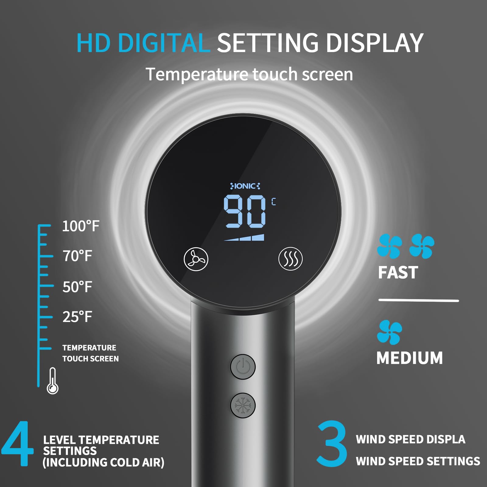 BAMCOO Phon Capelli Asciugacapelli Professionale Asciugacapelli Ionico 1500W per viaggio HD temperatura touch screen Asciugacapelli ionico 4 impostazioni di temperatura e 3 impostazioni di velocità