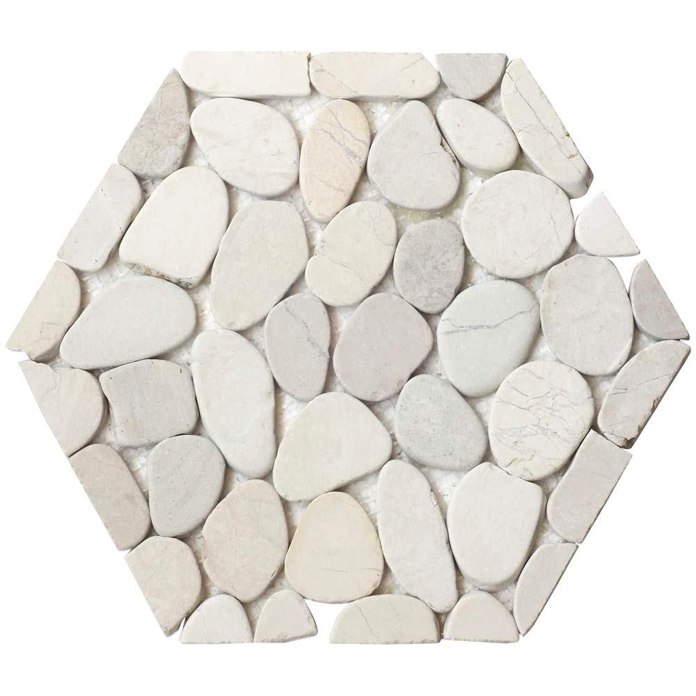 FuStone Decorative Tiles Interlocking Hexagon Shape Pebble Floor Tiles (12-Sheets) Kitchen Bathroom Patio Flooring Indoor and Outdoor Use Natural Color Stones HONEY-A1-12