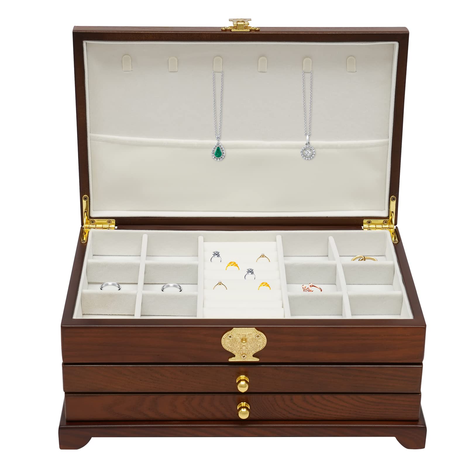 WooDerson Schmuckschatulle Mit 2 Schubladen, Rechteckig, Aus Density Board, Futter Material Plüsch, Schmuckbox Für Ringe Armbänder Ohrringe, Ausziehbare Schublade (Dunkelbraun)