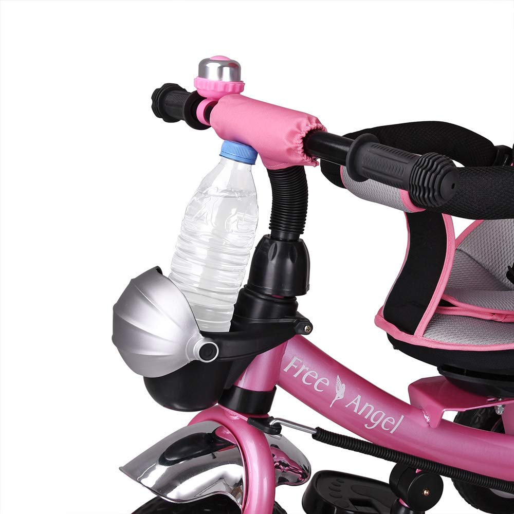 SPIELWERK® Triciclo Evolutivo Bicicleta Niños Carga Máxima 30Kg Cochecito Bebe Pedales Reposapiés Barra de Empuje Techo Plegable Portavasos Rosa