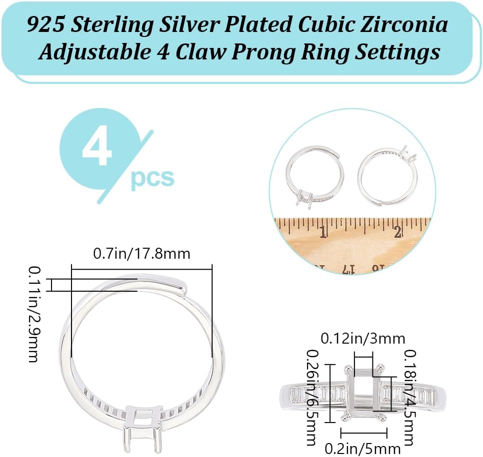 Beebeecraft 1 Box 4Pcs Prong Ring Blanks Sterling Silver Plated Cubic Zirconia Adjustable 4 Claw Prong Ring Settings Finger Ring Components for Jewellery Making Kit Findings DIY Crafts