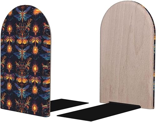 Book Ends for Shelves 1 Pair - Boho Style Dragonfly Print Wood with Metal Base Bookends for Heavy Books, Book Stand Organizer Holder for Books