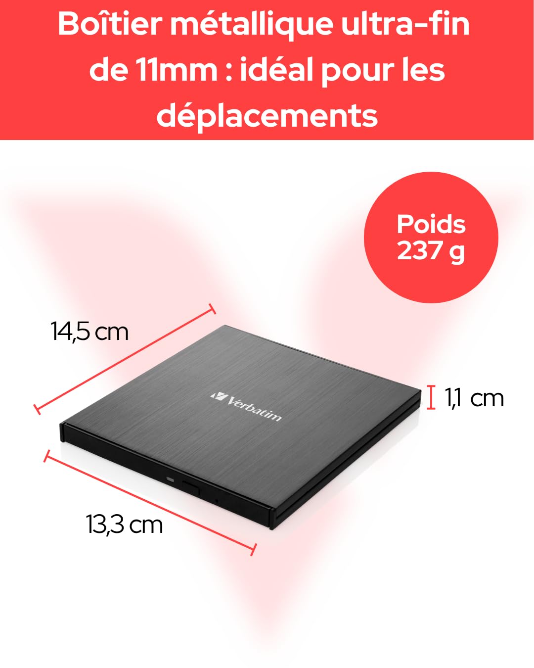 Verbatim Slimline Graveur CD/DVD Externe I USB 3.2 Gen1 avec Connection USB-C, câble USB-C vers USB-A Inclus, Compact, Graveur DVD Externe, Lecteur CD Externe, Lecteur CD DVD Externe, Design Mince