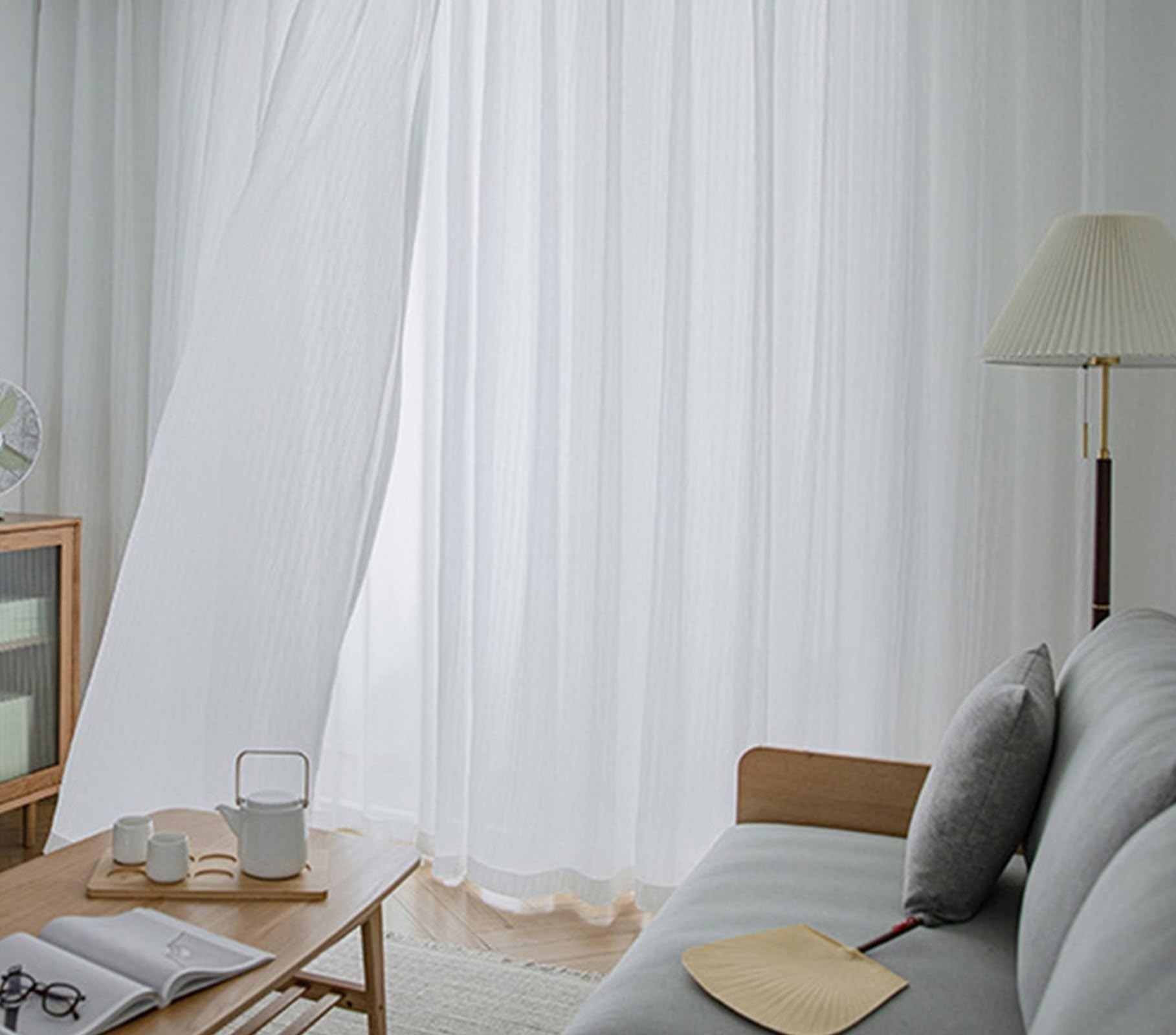 Rideaux voilages aspect lin blanc 86x138cm : rideau semi-transparent pour fenêtre salon