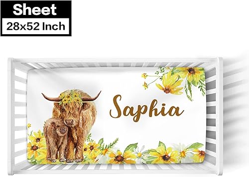 Miniatura 3 de Juego de ropa de cama personalizado para cuna de vaca de las tierras altas amarillas para bebé, juegos de cuna de bebé personalizados con nombre,