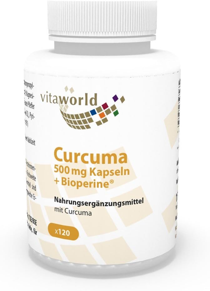 Vita World Curcuma with Bioperine 500mg 120 Vegetarian Capsules Tumeric Made in Germany
