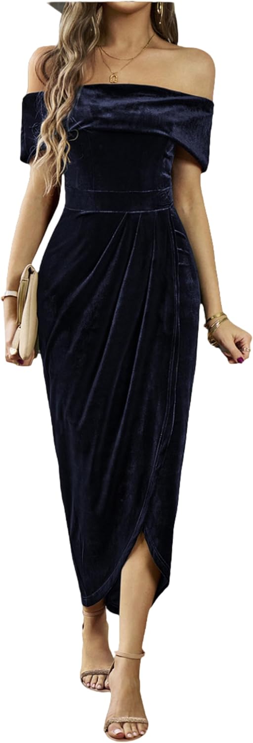 Womens Velvet Wrap Off The Shoulder Dress Sexy Slit Ruched Cocktail Dress Wedding Party Dresses