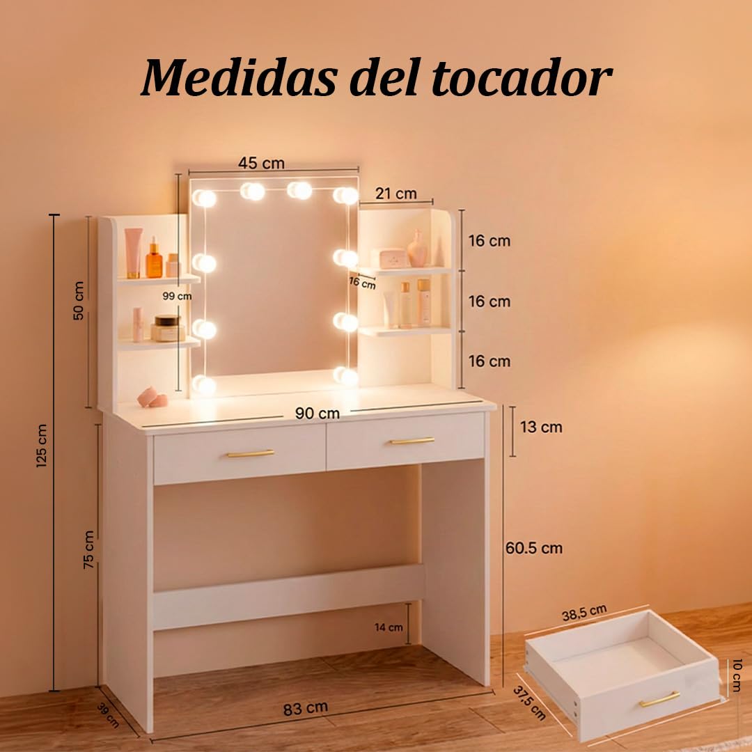 Marctani Tocador de Maquillaje con Luz LED Regulable, Espejo 10 Luces, Escritorio Compacto con Cajones