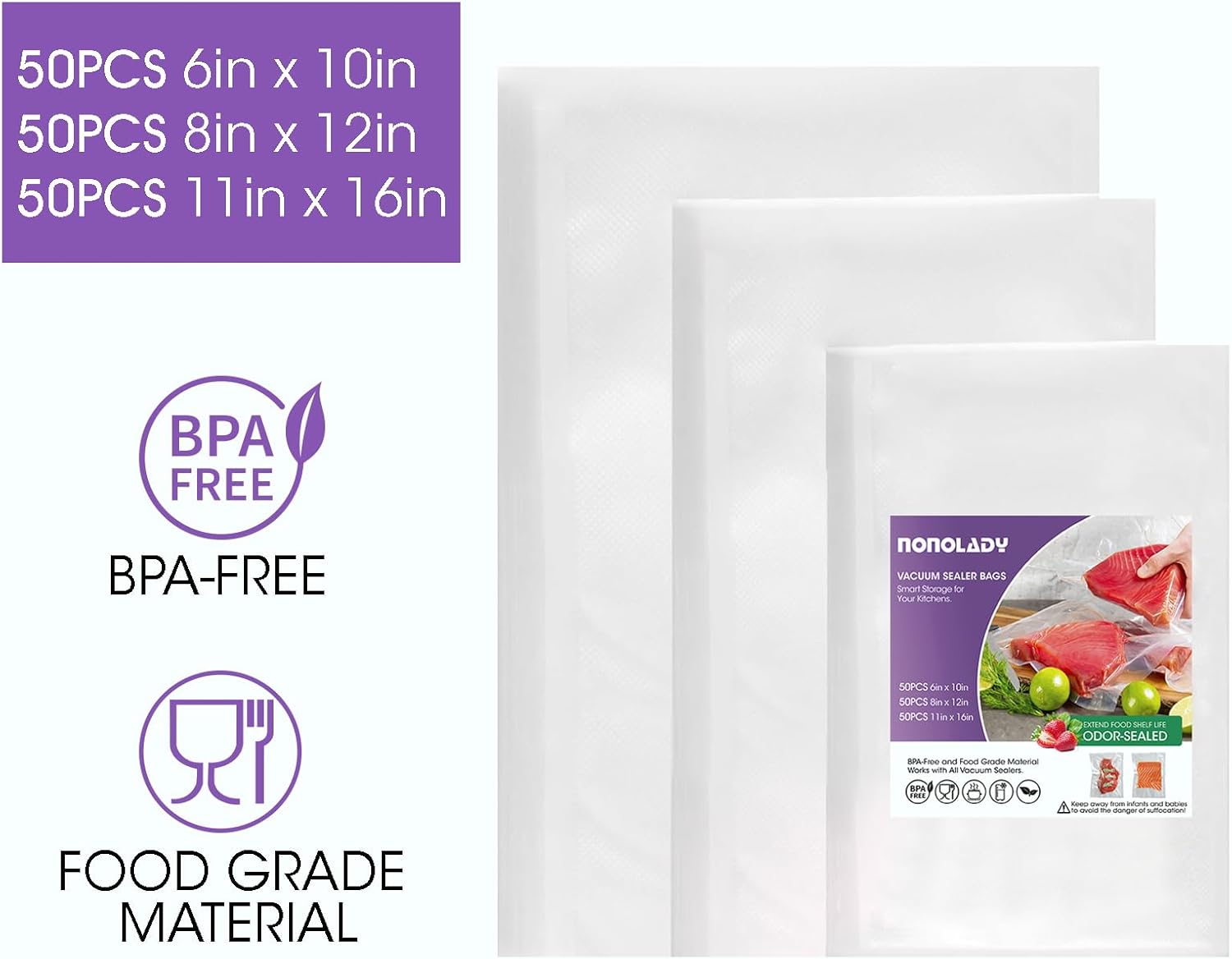 Vacuum Sealer Bags for Food, 50 Gallon 11" x 16" & 50 Quart 8" x 12" & 50 Pint 6" x 10" Precut, Commercial Grade, BPA Free, for Food Vac Storage, Freezer, Sous Vide, Meal Prep
