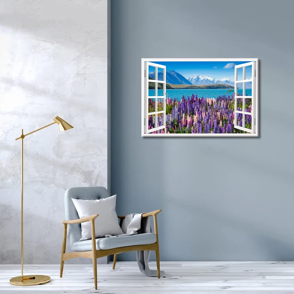 Window View Wall Art Lanvender Field by The Lake Wall Decoration for Living Room Wall Paintings 1 Piece Home Decor Canvas Wall Art Modern Artwork Giclee Wooden Framed Ready to Hang (24"W x 16"H) - Image 4
