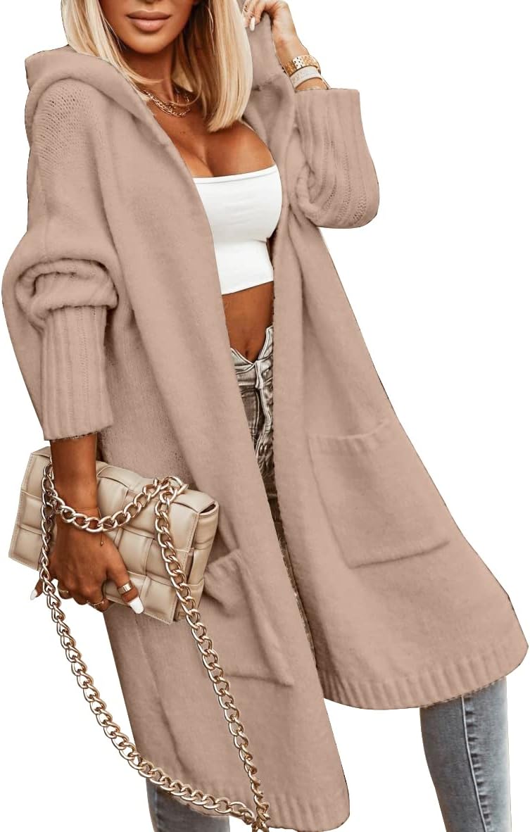 Womens Long Cardigans Cable Knitted Open Front Oversized Hooded Outerwear Sweater Coat
