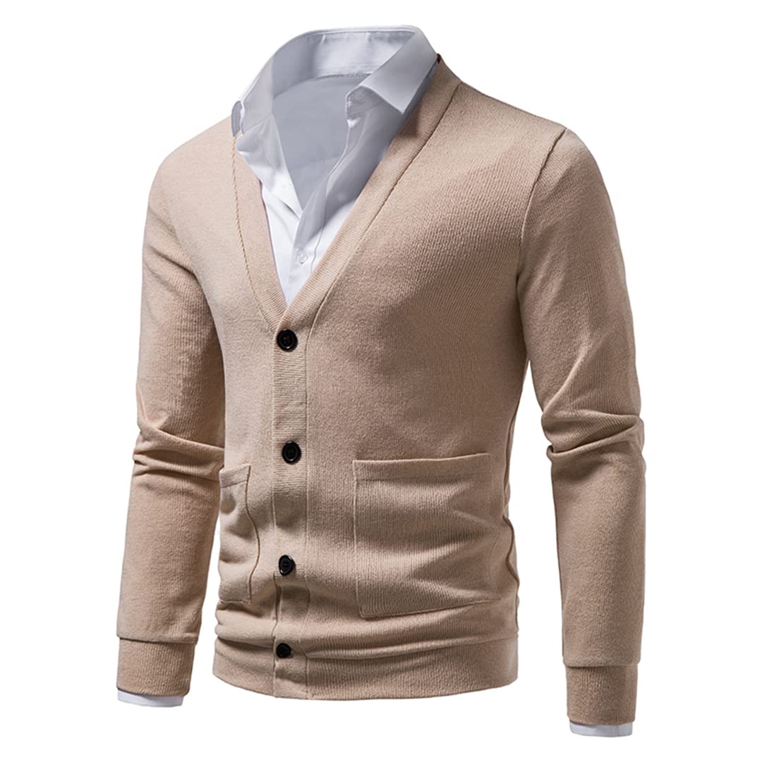 Vogrtcc Cárdigan Primavera Otoño Cuello en V Suéter De Punto Abrigo Hombres Casual Chaqueta De Color Sólido Chaqueta De Punto