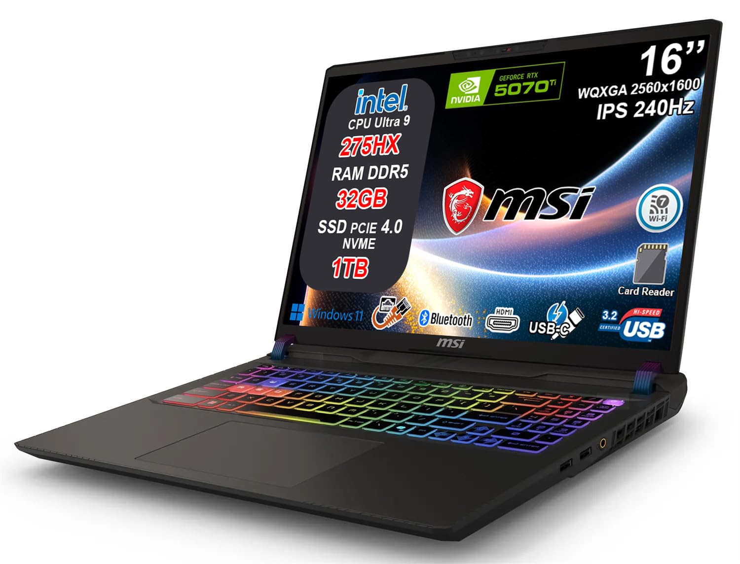 msi Vector 16 HX AI Notebook Gaming Intel Core Ultra 9 275HX, RTX 5070 Ti 12GB GDDR7, 32GB RAM, 1TB SSD, 16" QHD+ IPS 240Hz, Thunderbolt 5, WiFi 7, Tastiera RGB 24 Zone, Windows 11, AI Laptop
