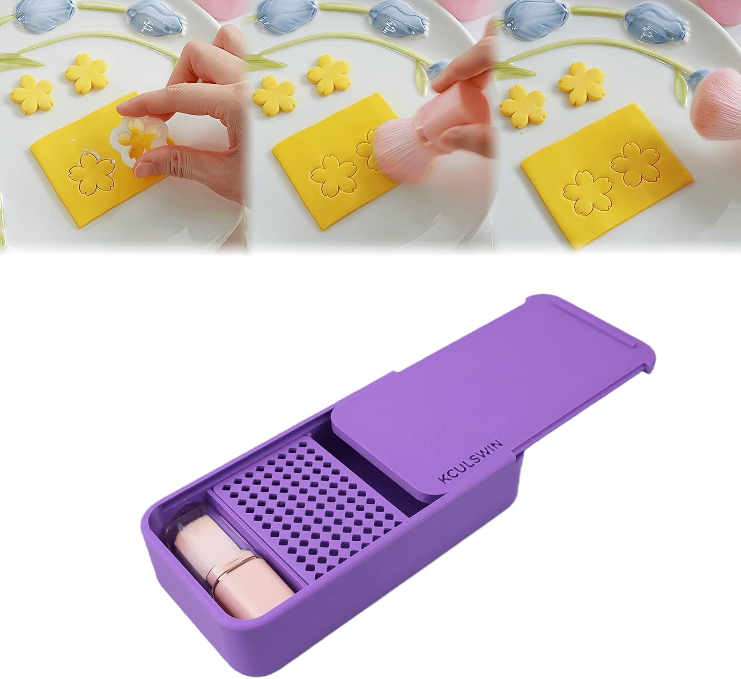 Cornstarch Tapper Box for Polymer Clay with Brush | Leak-Proof Powder Container with Sliding Lid, Non-Stick Tool for Polymer Clay Cutters, Polymer Clay Tool (Purple)