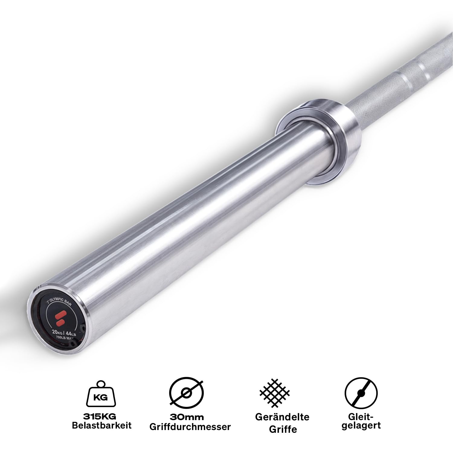 Sportstech Olympische Langhantelstange, bis 315 kg, 33mm, Federverschluss, perfekt für Hantelscheiben, Stahl, verchromt, gerändelte Griffflächen, Länge 22cm, 20kg, Home Gym, Deutsche Qualitätsmarke