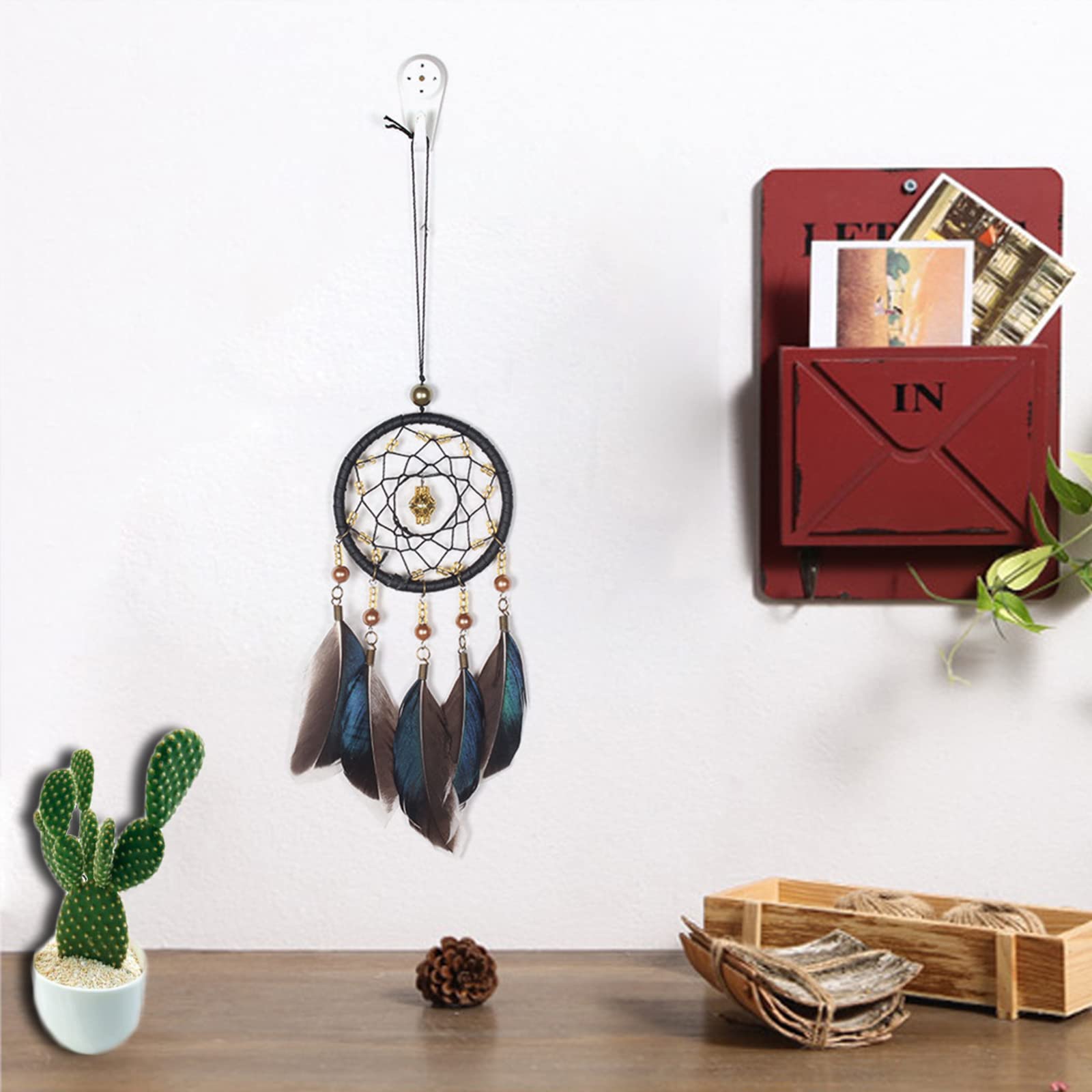 Atrapasueños Tejido a Mano con Plumas Negro para Decoración del Hogar