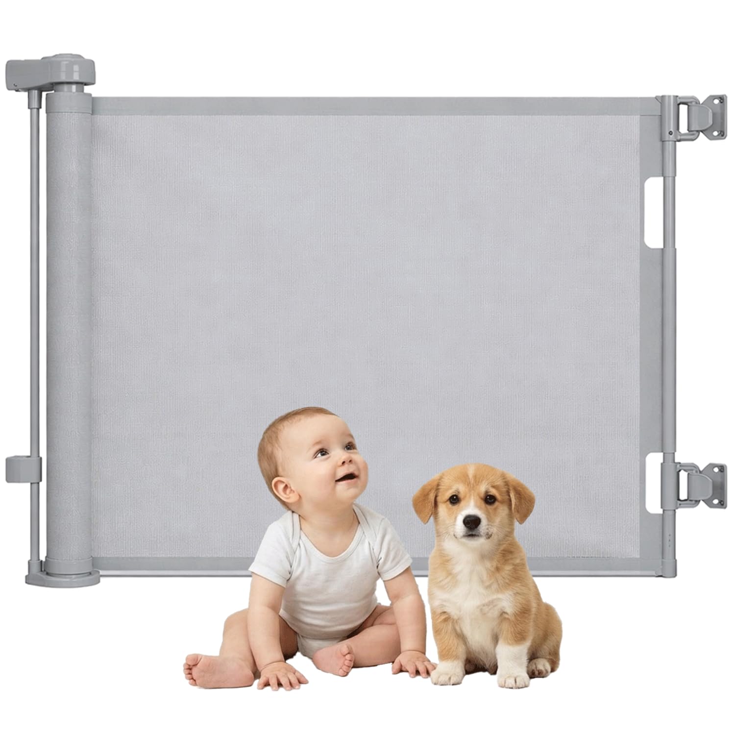 Retractable Baby Gate for Stairs 150cm Extra Wide, 86cm Tall Mesh Safety Gate for Babies, Dogs & Pets, Extendable Indoor Dog Gate for Doorways & Hallways, One Hand Operation Toddler Safety Gate, Grey