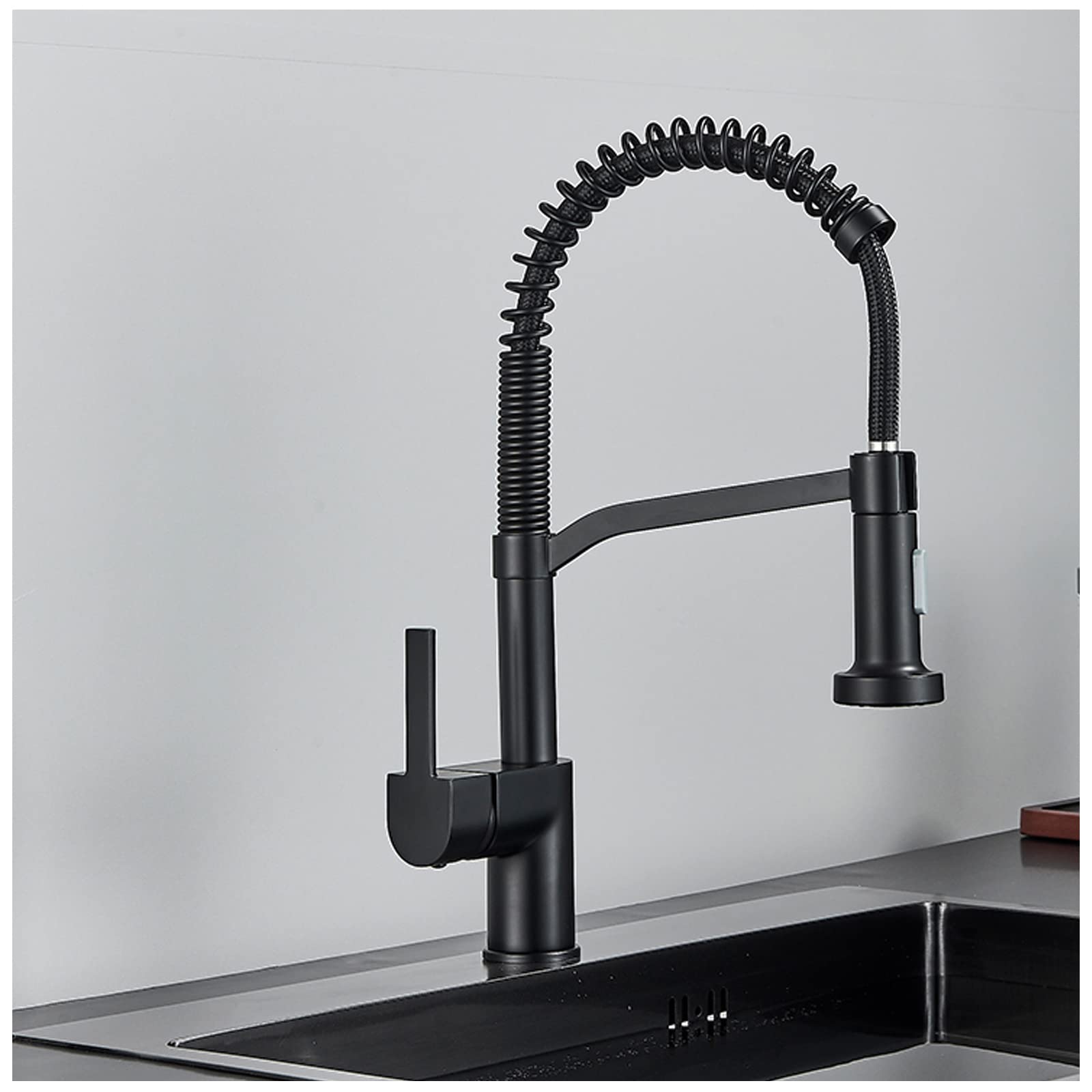 FCXWEVR High Arc Commercial Kitchen Faucet with Pull Down Sprayer Single Handle Spring Design Matte Black Brass Kitchen Sink Faucet Modern PullOut Sprayer for Easy Use