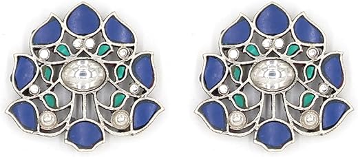 Sangeeta Boochra 925 Sterling Silver Blue Lapis with Kundan Floral Earring | Fine Jewellery for Women & Girls | Certificate of Authenticity and 925 Stamp | Handcrafted