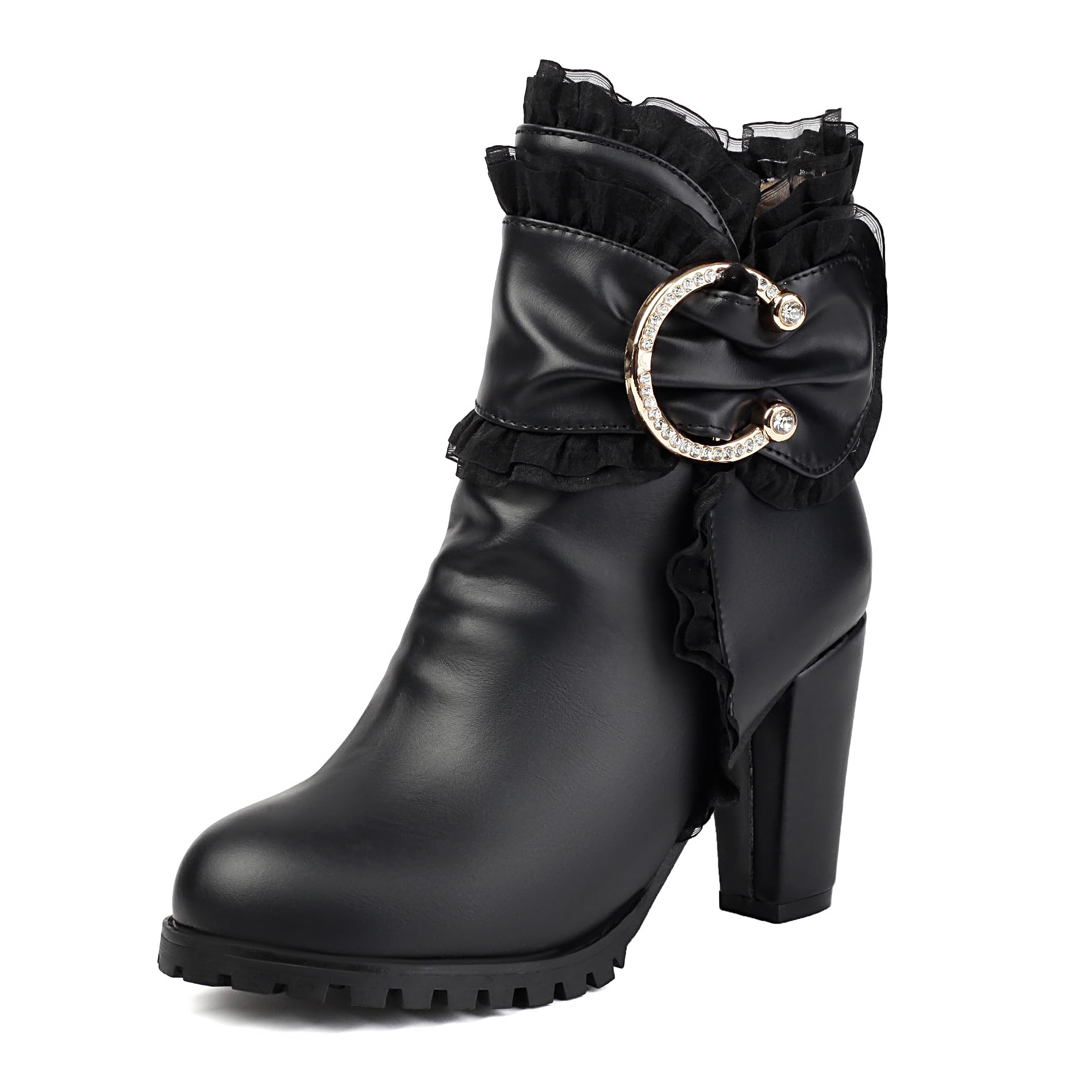Lizoleor Block Heel Lace Ruffles Side Zipper Women Ankle Boots