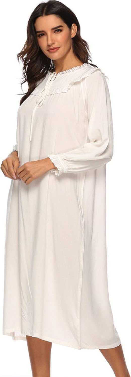 OFFSUM Women's Long Sleeve Nightgown - Fashion Cotton Round Neck Lace Dress Spring Summer Casual Nightdress Robe Vintage N