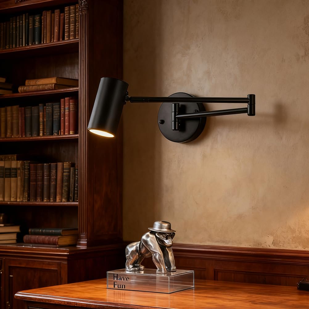 Schwenkarm Wandleuchte Leselampe Verstellbar mit E27 Fassung Nachttisch de Wall Scone Lange Dimmbar Wandlampe für Schlafzimmer Büro Studie Esszimmer,Schwarz,B1