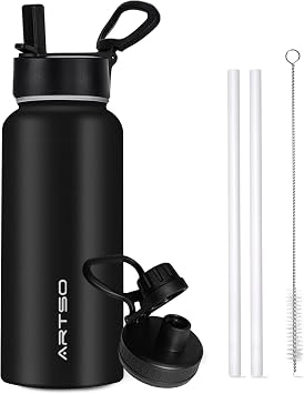 ARTSO 32 oz Insulated Water Bottle Stainless Steel Double Walled Vacuum Leak Proof Hot Cold Sports Water Bottle with 2 Lids Straw and Spout Lid for Gym Camping Hiking Travel, Cool Black