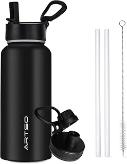 ARTSO 32 oz Insulated Water Bottle Stainless Steel Double Walled Vacuum Leak Proof Hot Cold Sports Water Bottle with 2 Lids (Straw and Spout Lid) for Gym Camping Hiking Travel, Cool Black